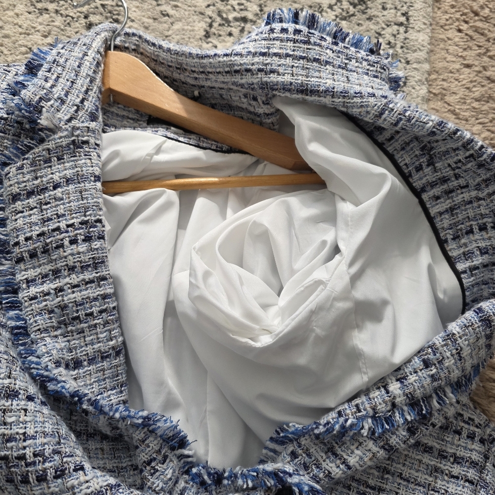 Karl Lagerfeld Tweed Blazer Jacket Womens 14 Blue White Preppy Academia Chic - Picture 5 of 8